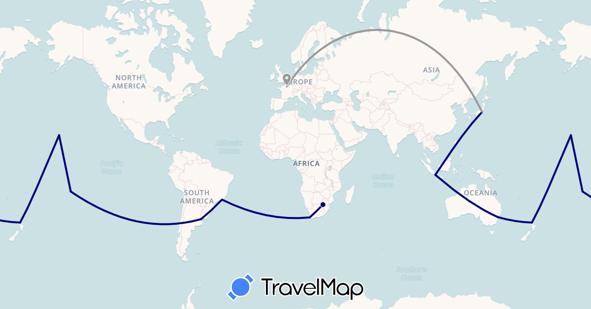 TravelMap itinerary: driving, plane in Argentina, Australia, Brazil, France, Indonesia, Japan, New Zealand, United States, South Africa (Africa, Asia, Europe, North America, Oceania, South America)